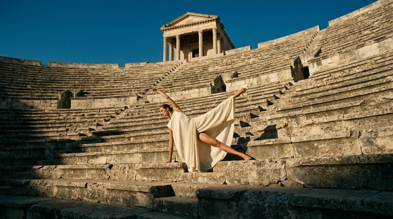 A dancer mid-movement on the steps of an ancient amphitheatre