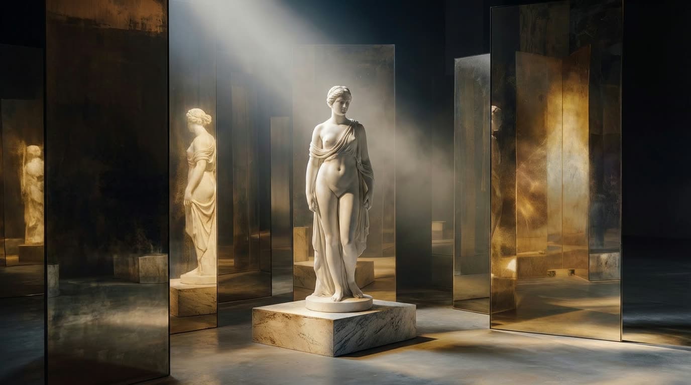 Classical statues among mirrored panels in raking light