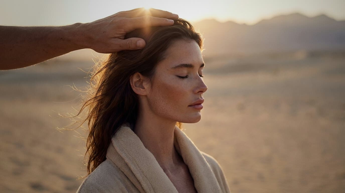 A hand resting on a woman's head, eyes closed, in a desert wind
