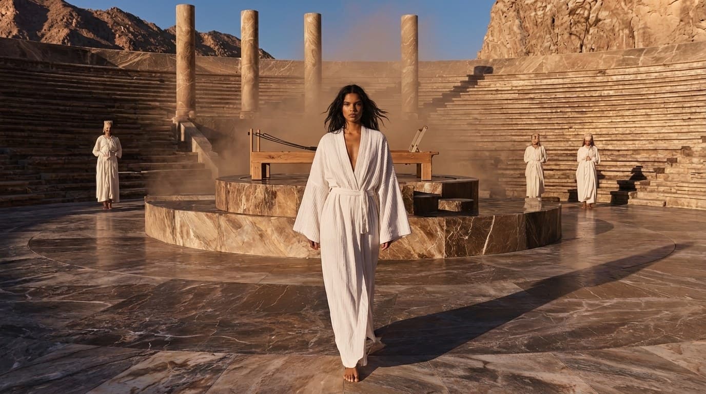 A woman in a white robe crossing a marble stage in a desert amphitheatre, robed figures behind her