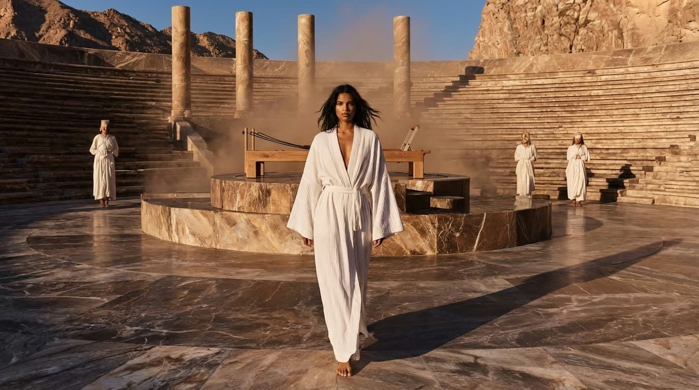 A woman in a white robe crossing a marble stage in an amphitheatre