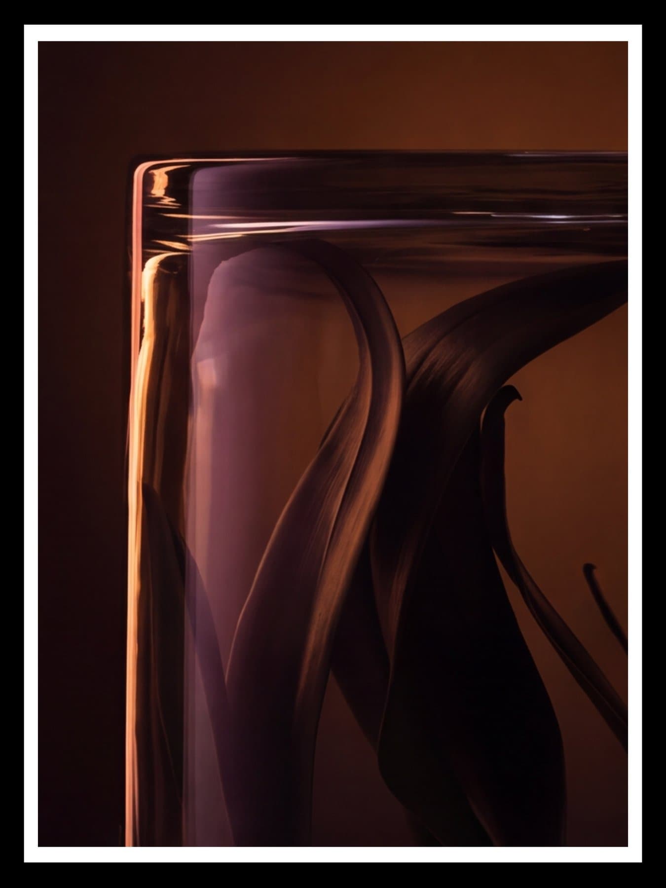 The glass block's curve in amber light