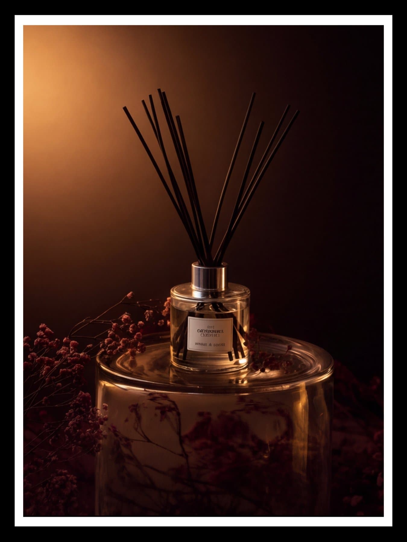 The diffuser among gypsophila at dusk, framed