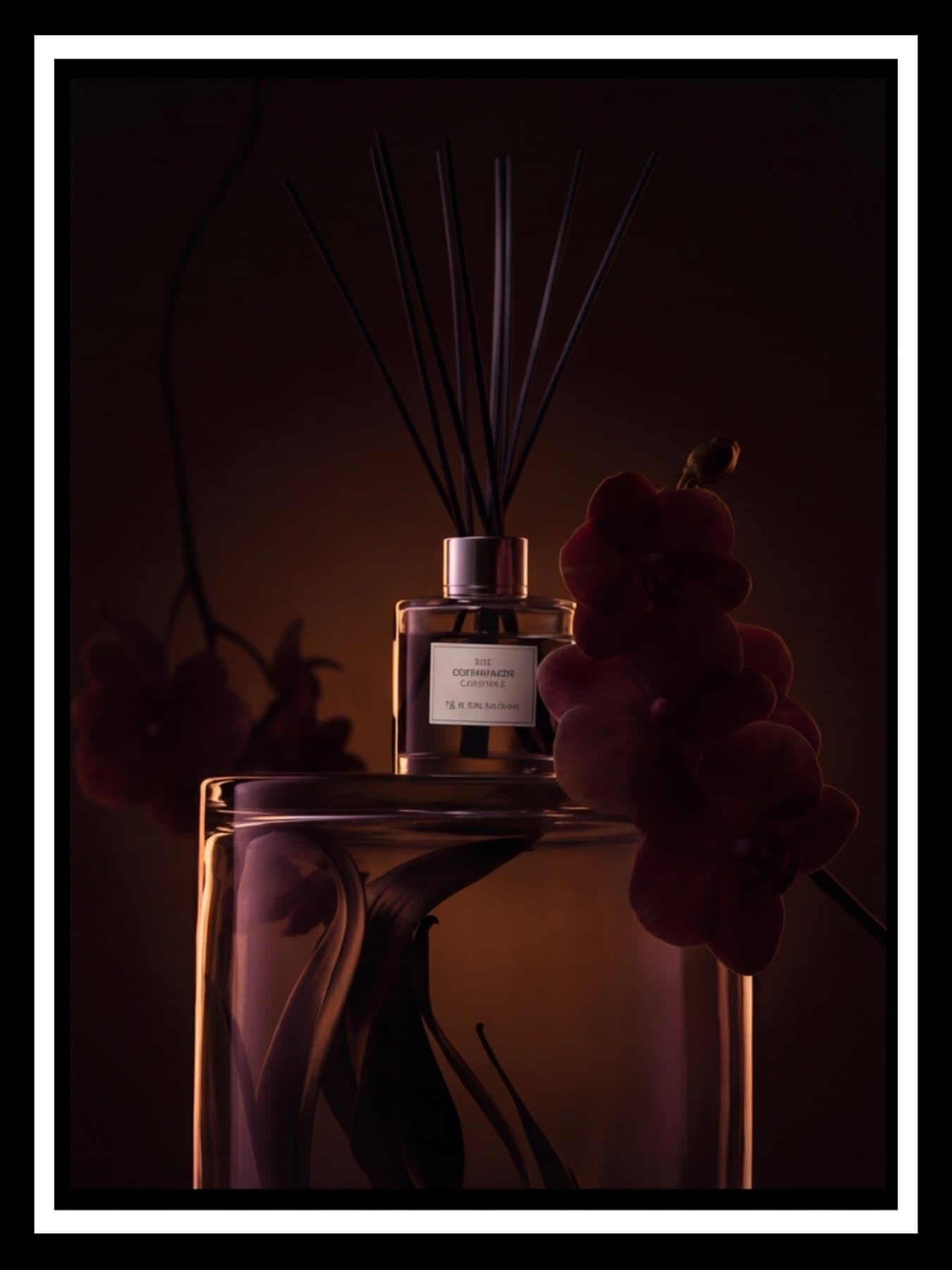 The diffuser and orchid at dusk, framed
