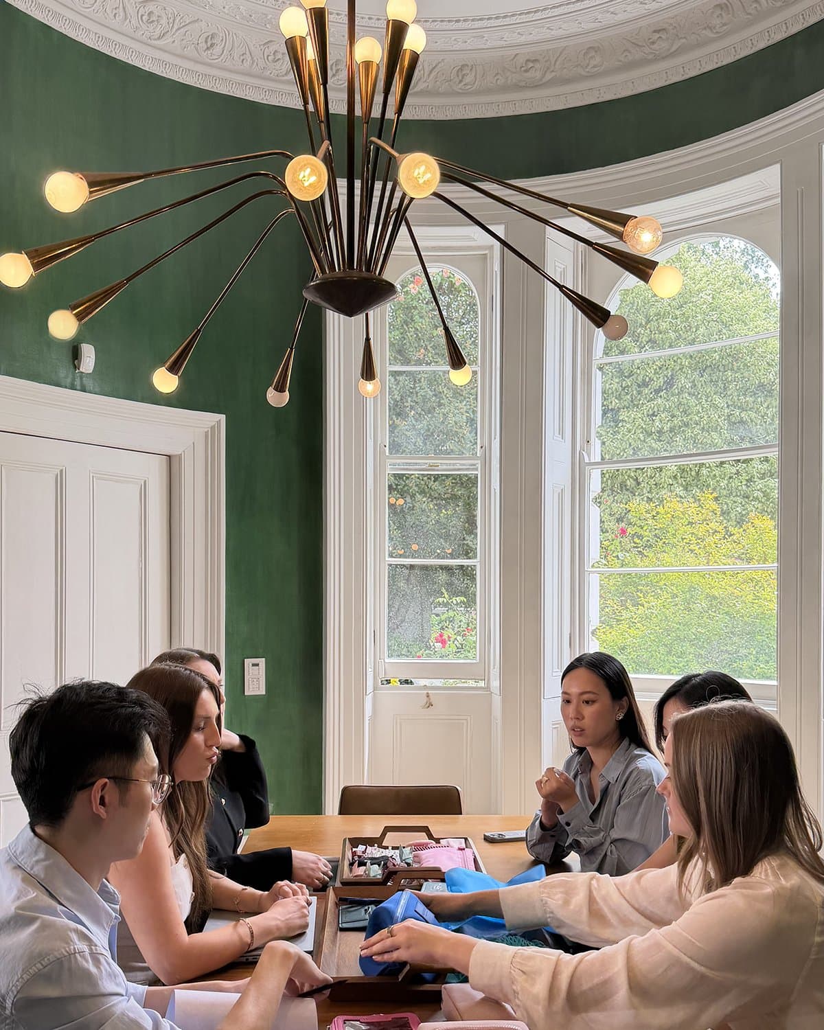 The green room under the chandelier