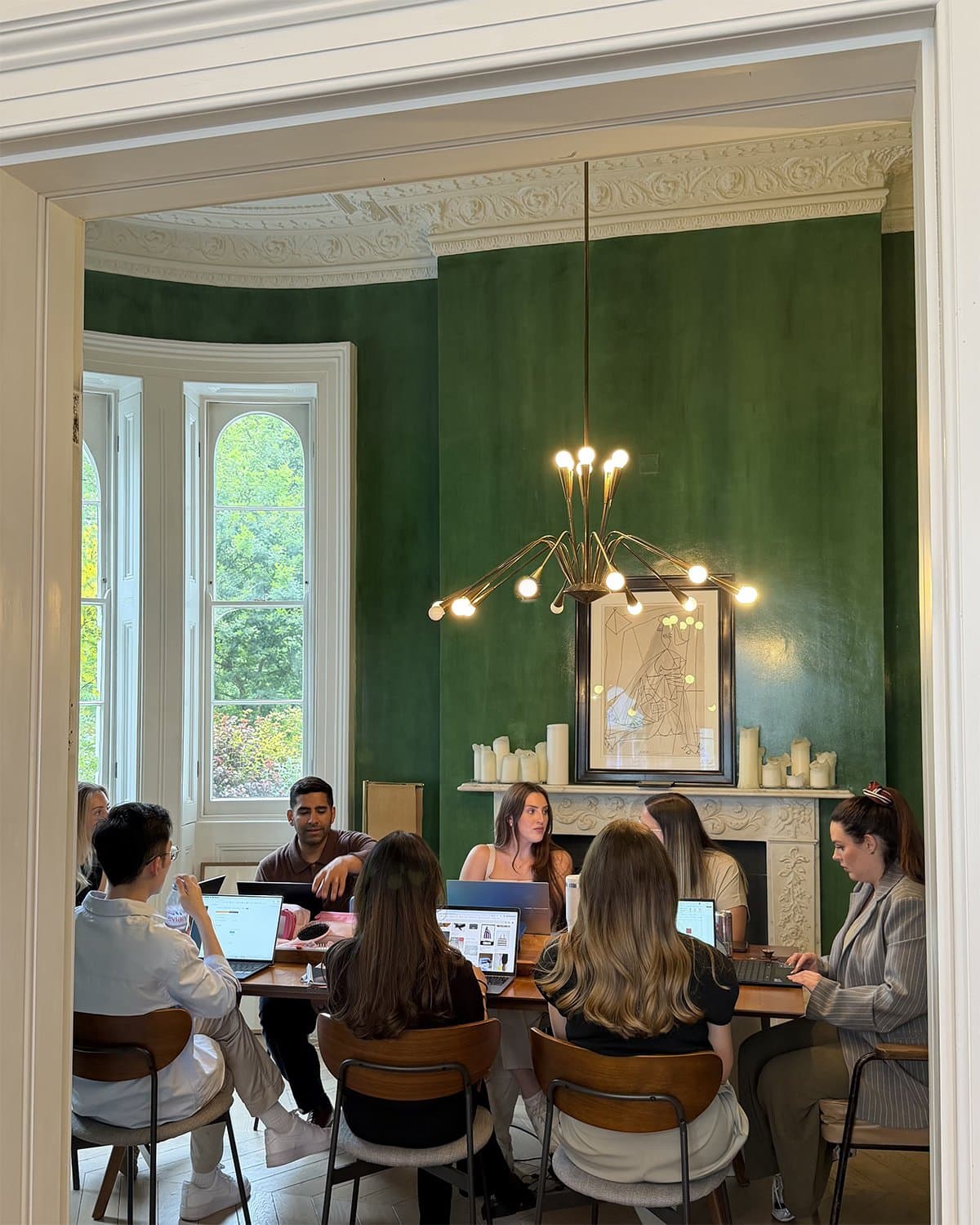 The green room, the crew at the table