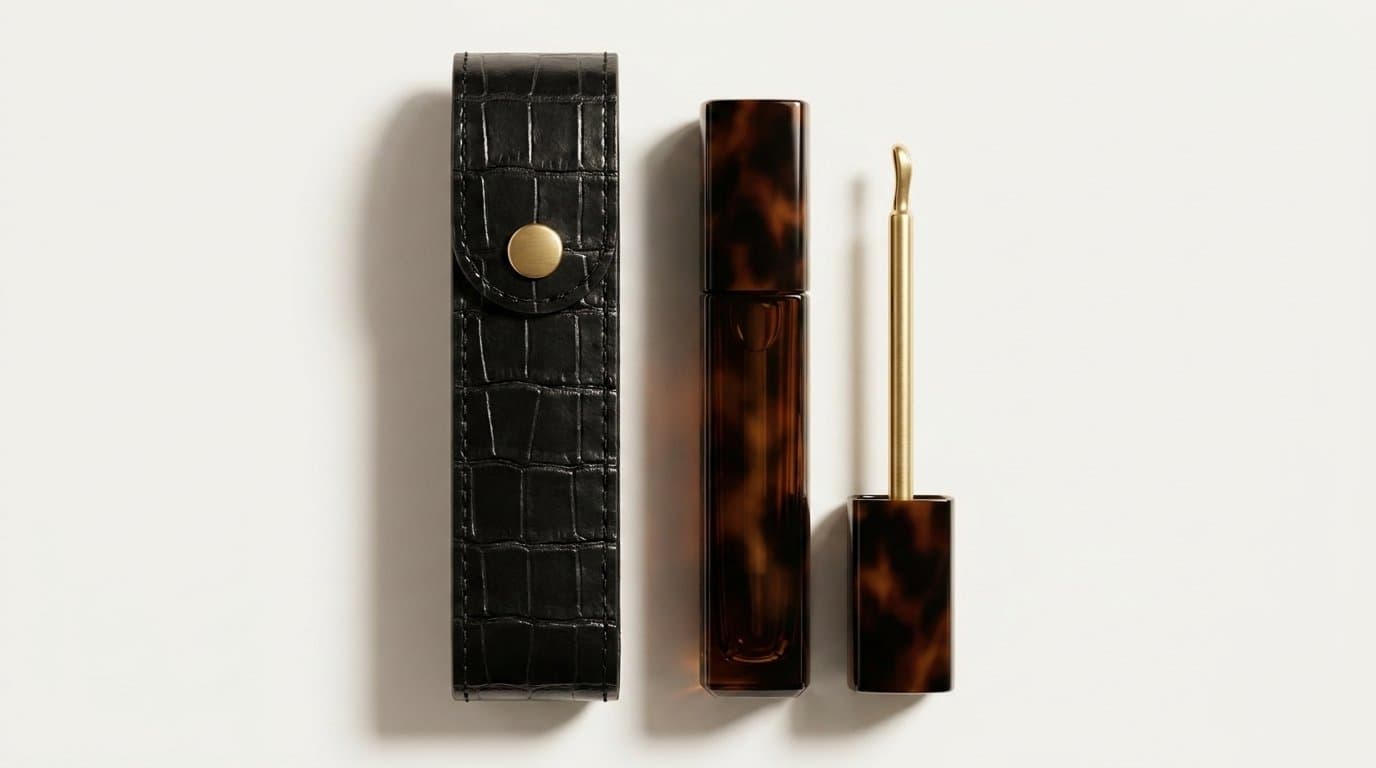 The case and serum flat on cream, a second angle