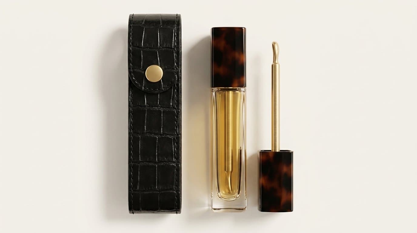 A croc-embossed case beside a tortoiseshell serum, flat on cream