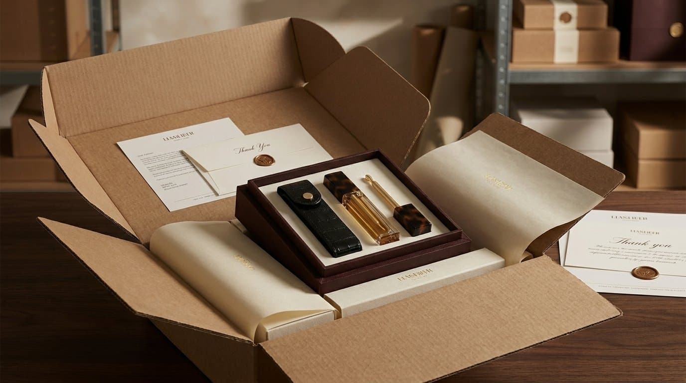 A courier box opened to the packed set