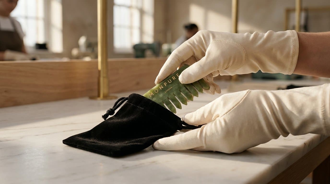 Gloved hands folding a sachet