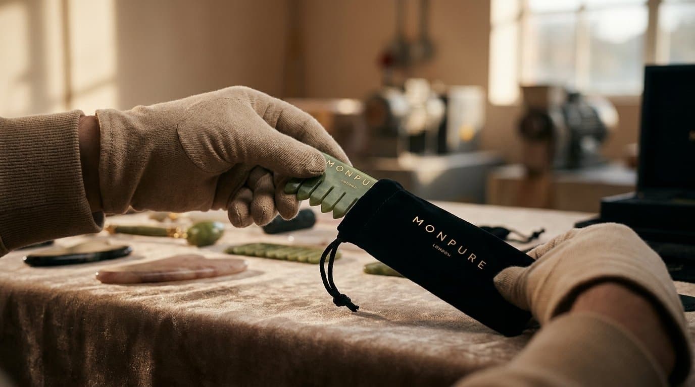 Gloved hands holding a black sachet and a green card