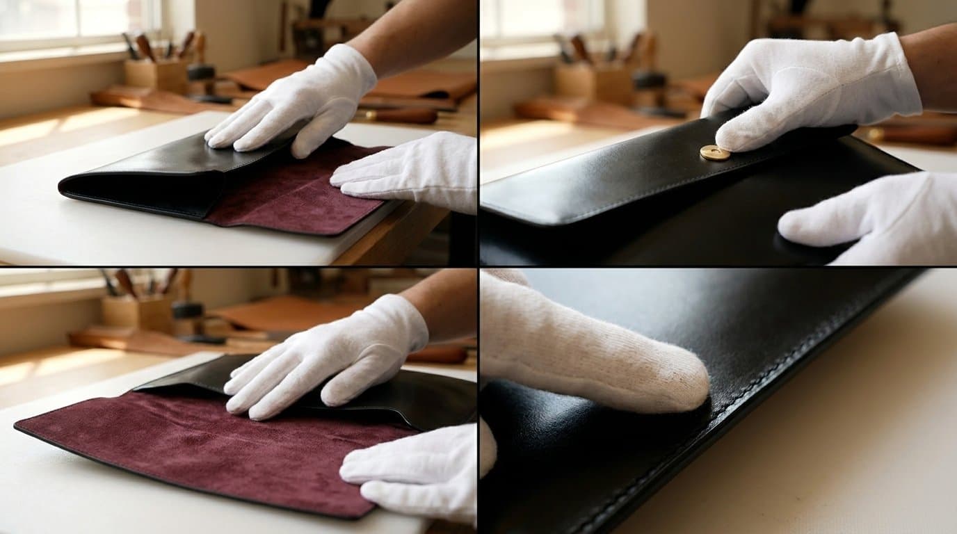 Gloved hands opening the pouch to its burgundy lining
