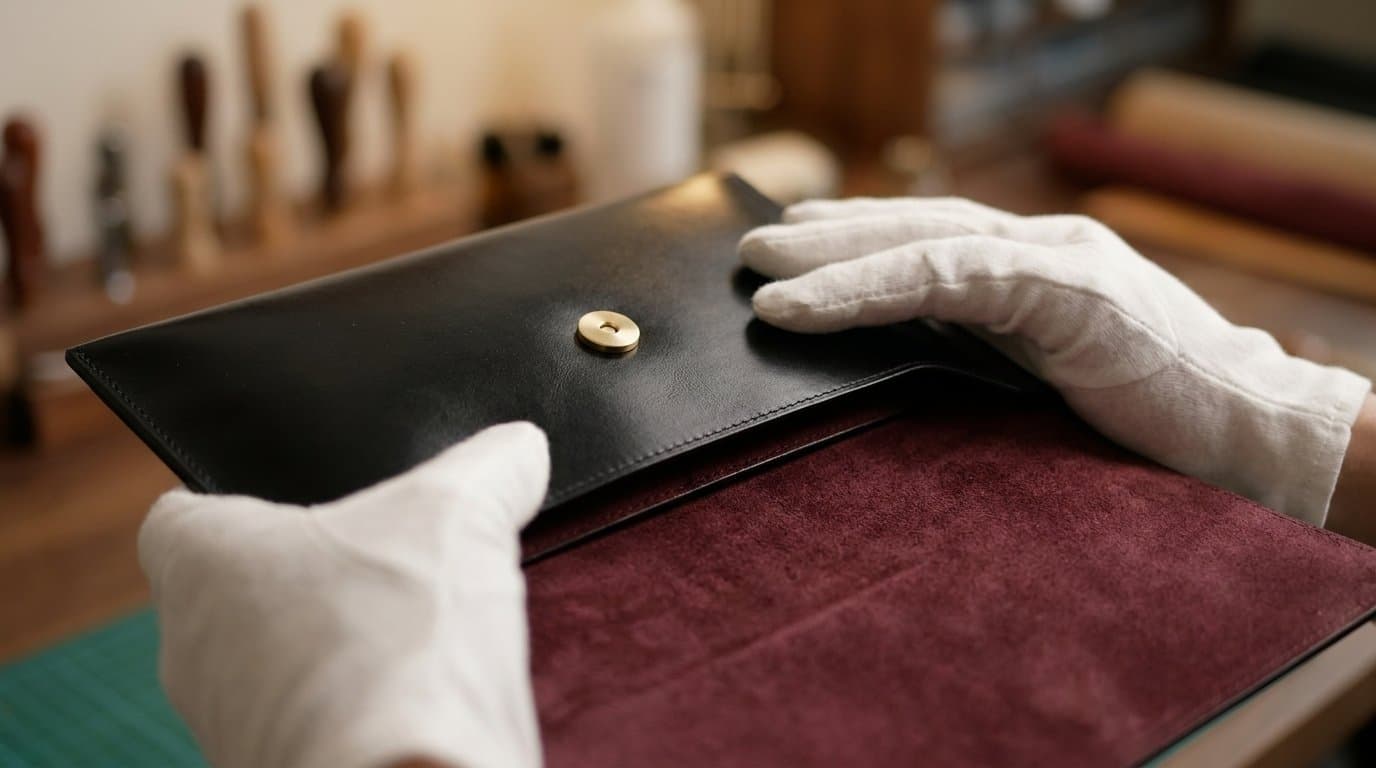 Gloved hands closing the pouch