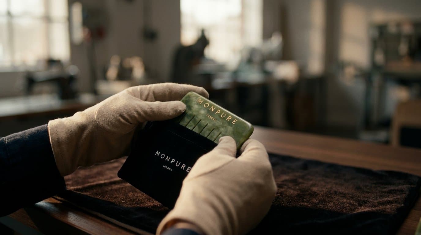 A green sachet passed between gloved hands