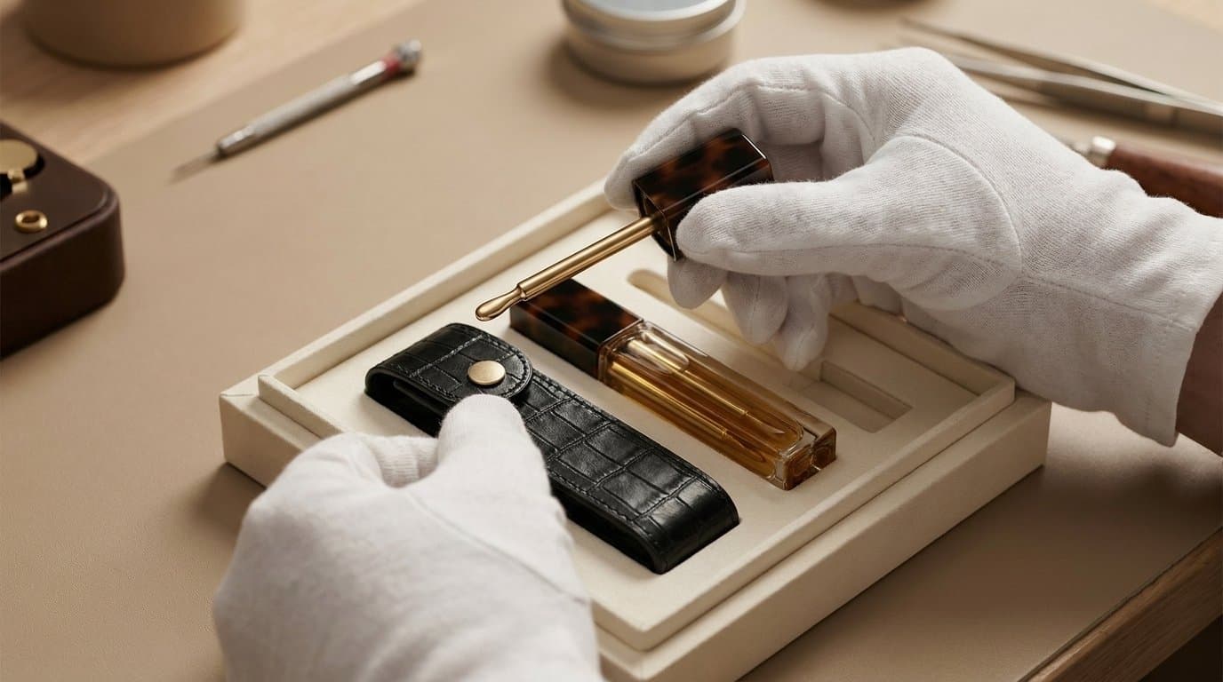 Gloved hands at a desk of samples and dielines