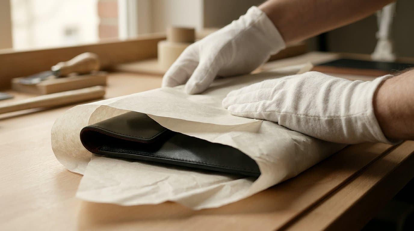 Gloved hands wrapping the pouch in tissue