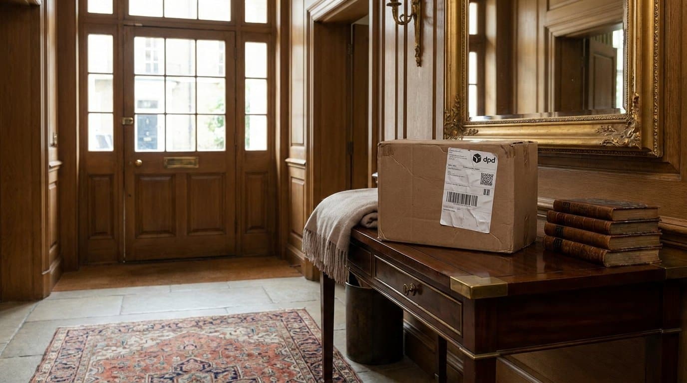 A parcel on a console in a panelled hall
