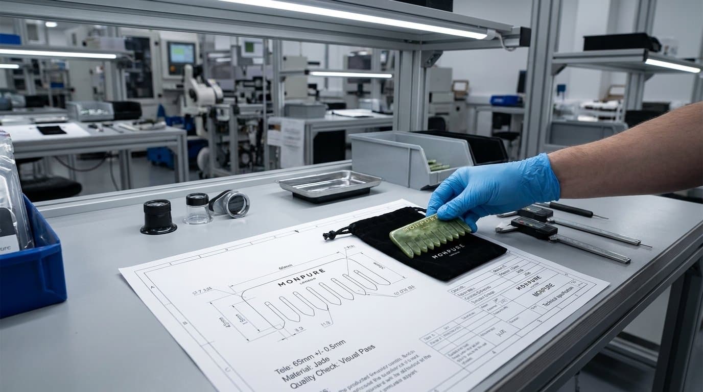 Blue-gloved hands with a swatch and dielines in the lab