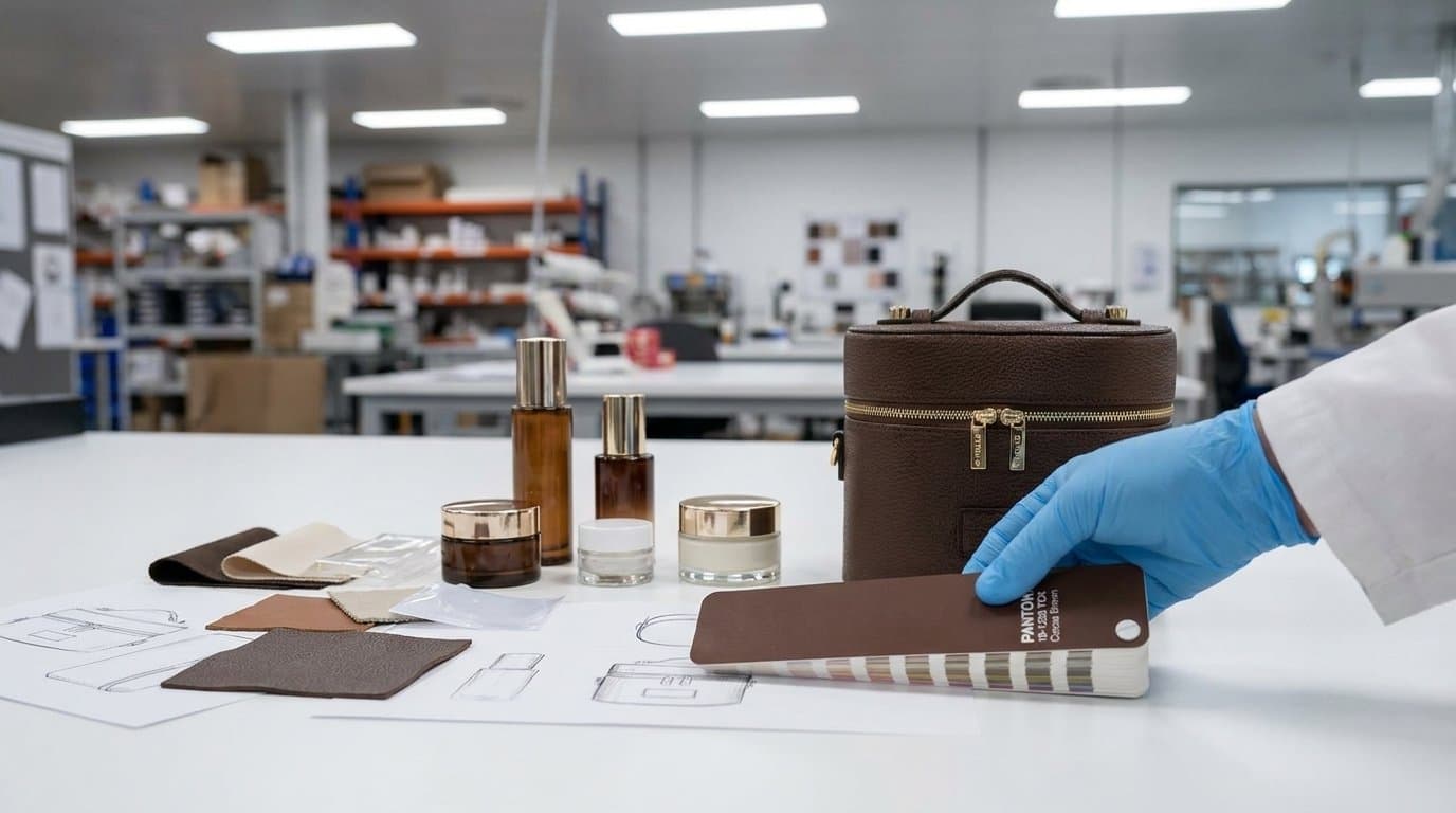 A brown case at the lab desk, blue gloves
