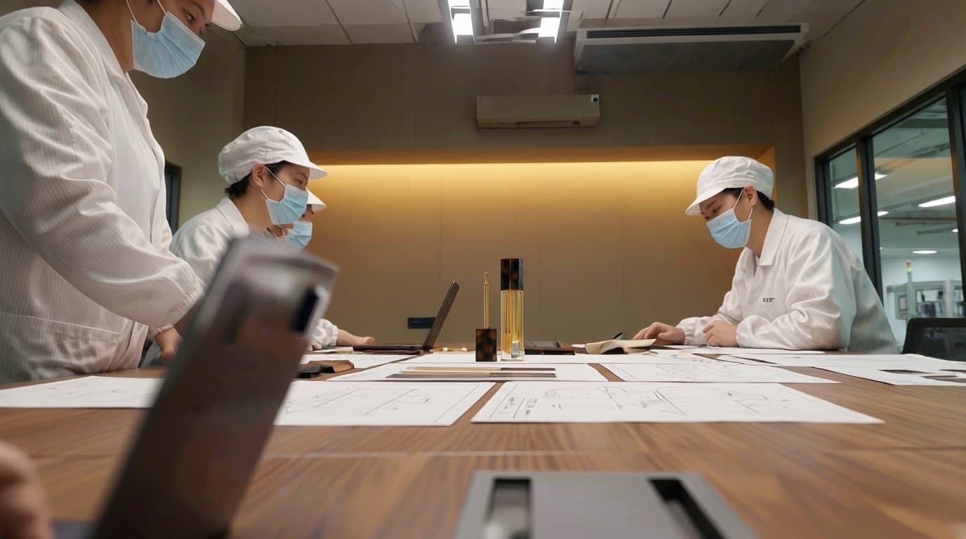 A meeting in white coats at a lab bench