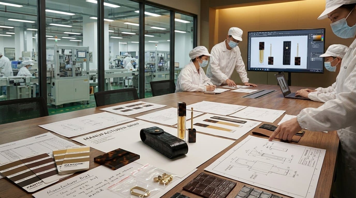 A team in white coats over plans and samples