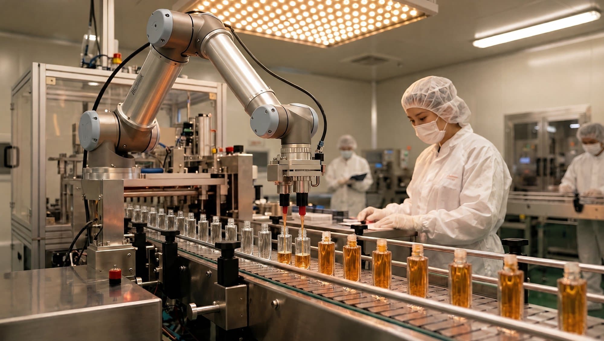 A robot arm over a line of amber vials