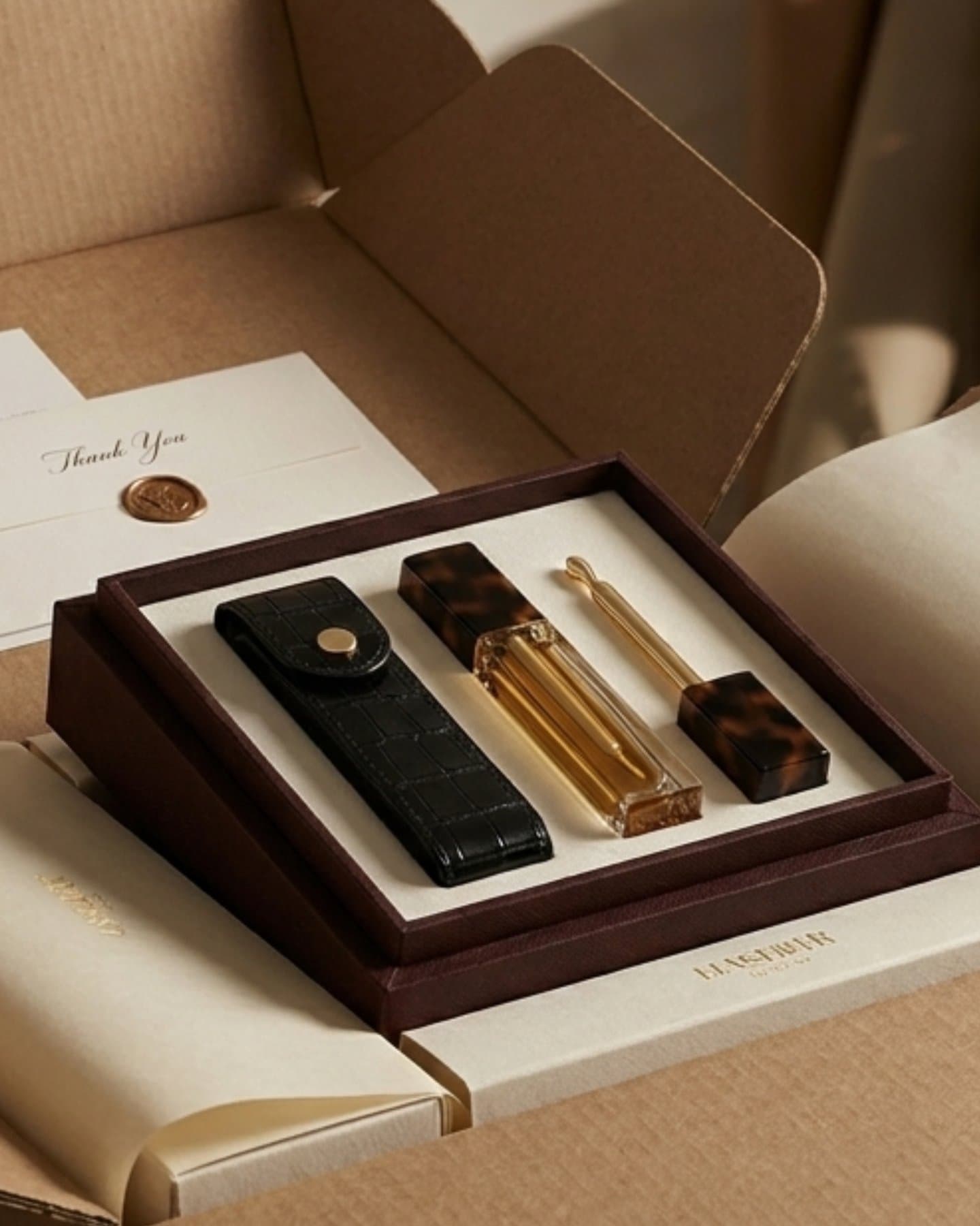 The set in its box with a tag