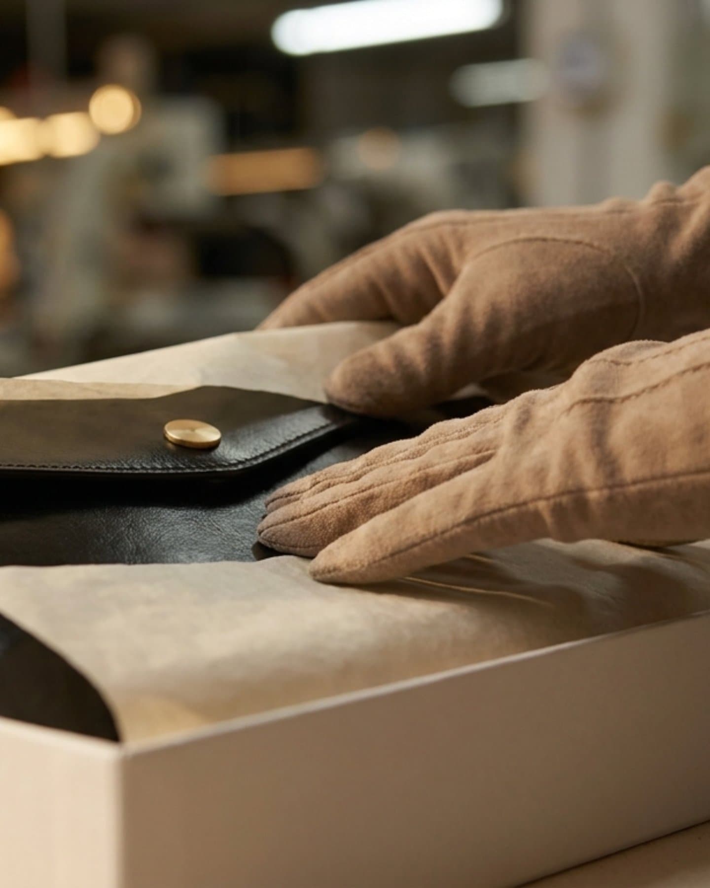 Gloved hands closing the pouch, upright
