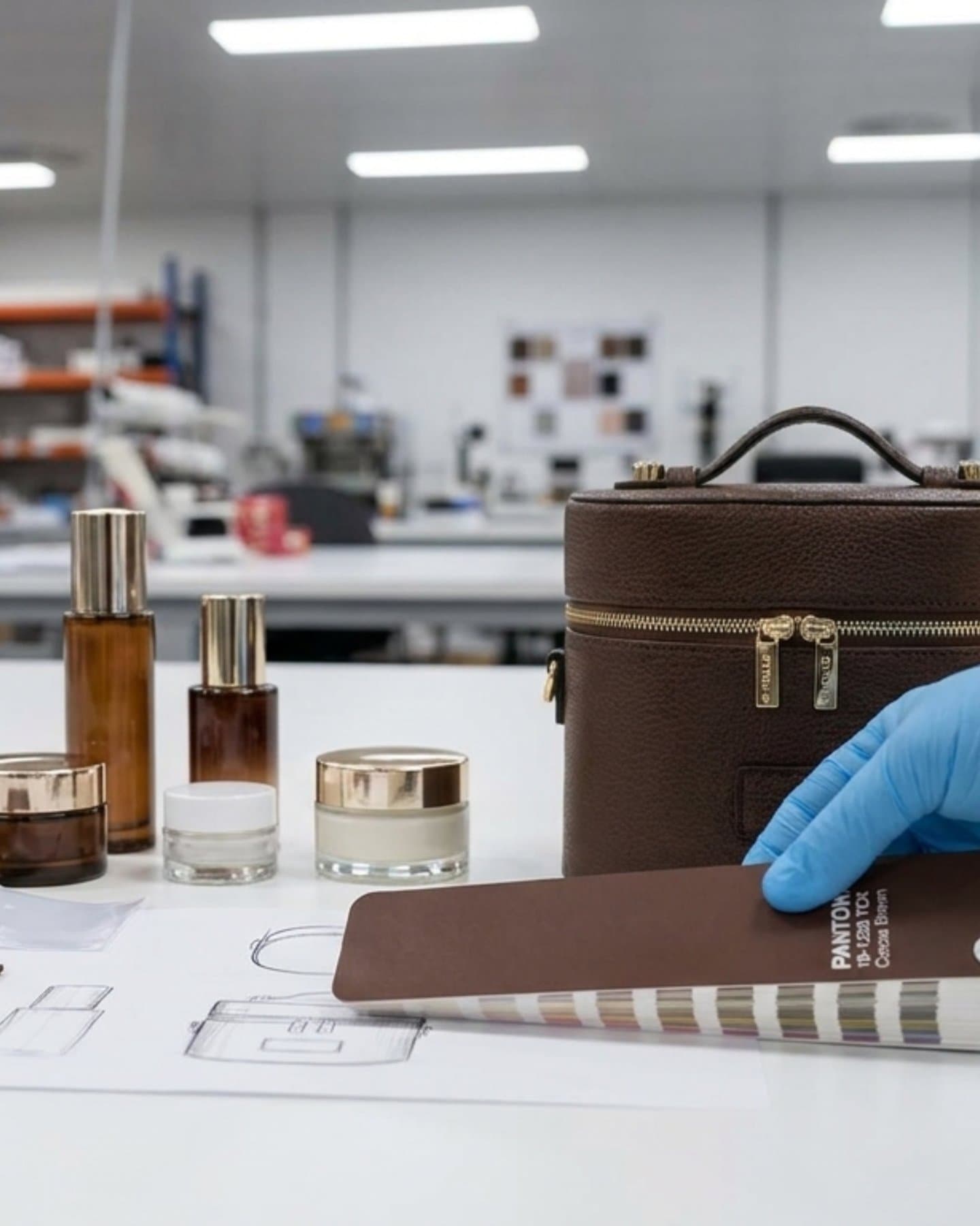 The case at the lab desk, blue gloves