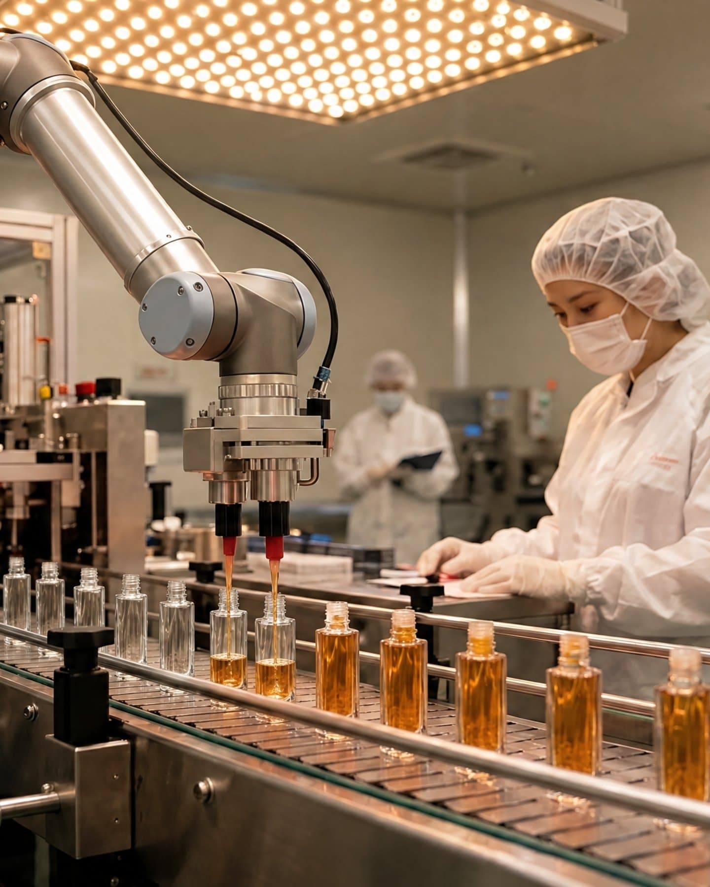 The robot arm over the vials, upright