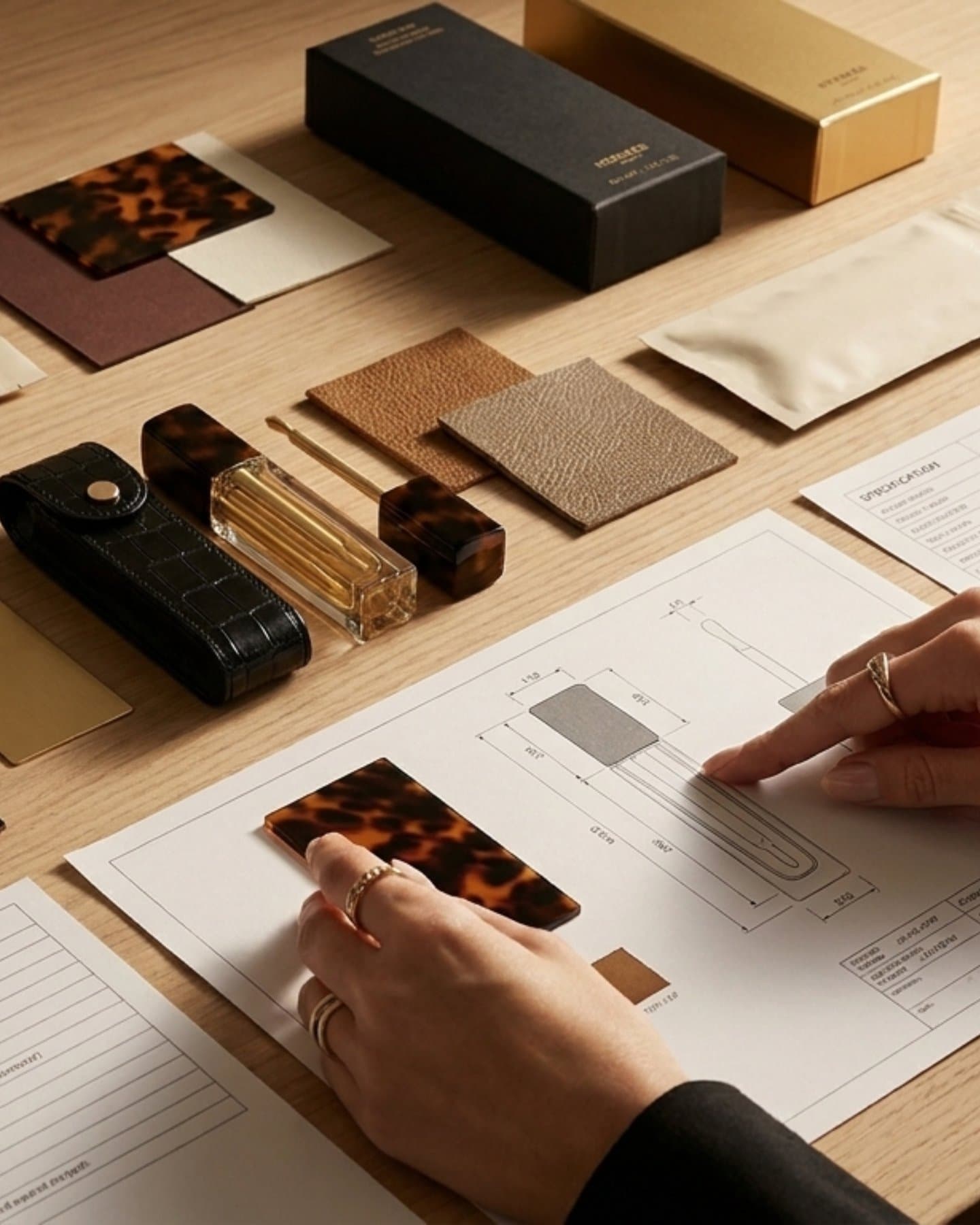 A hand over swatches, upright