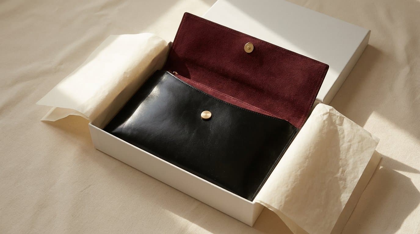 The pouch in its box, tissue folded back