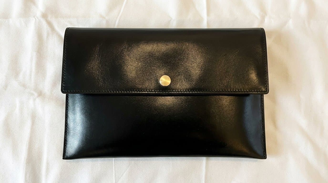 The pouch closed on white linen