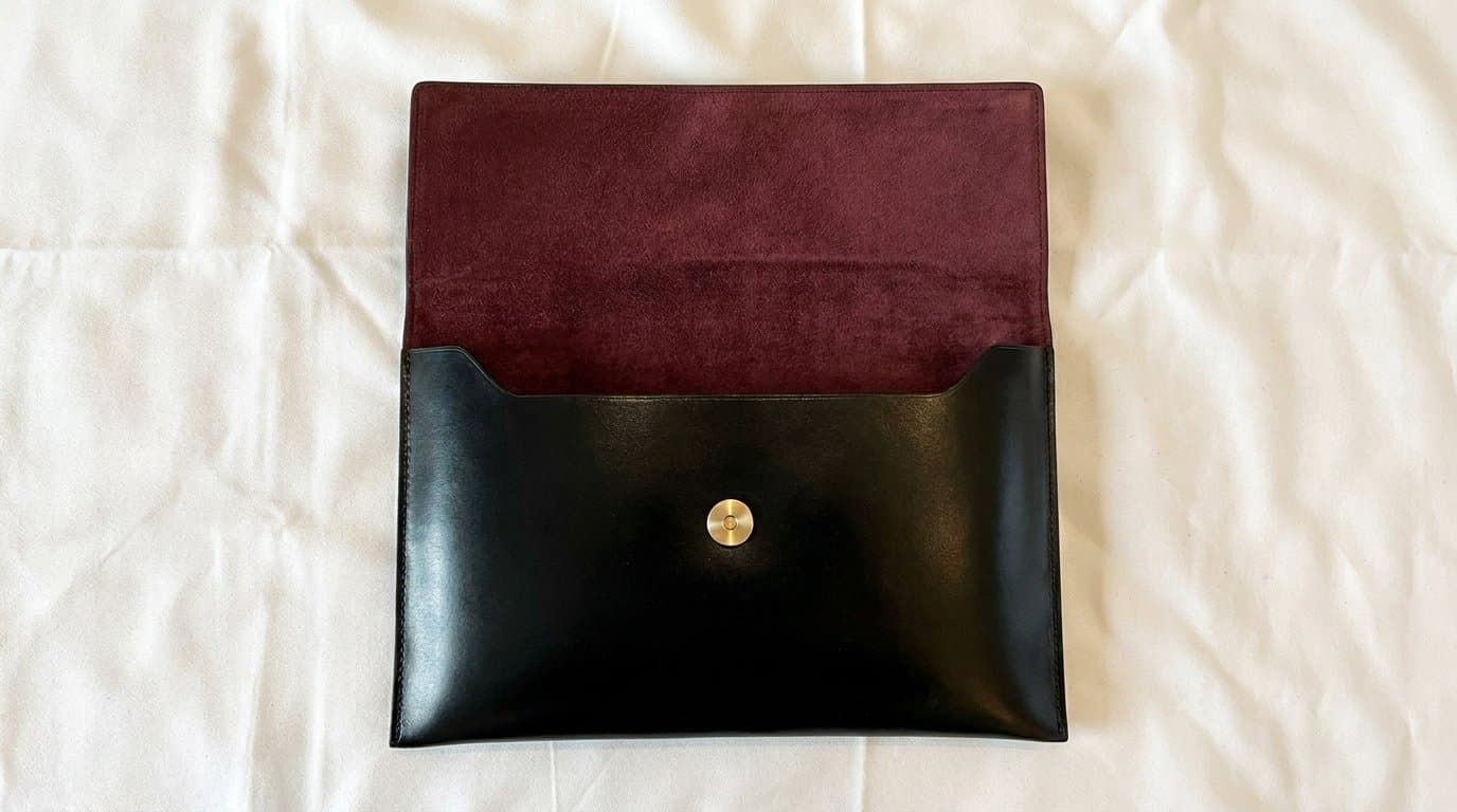 A black leather pouch with a burgundy lining, open, from above