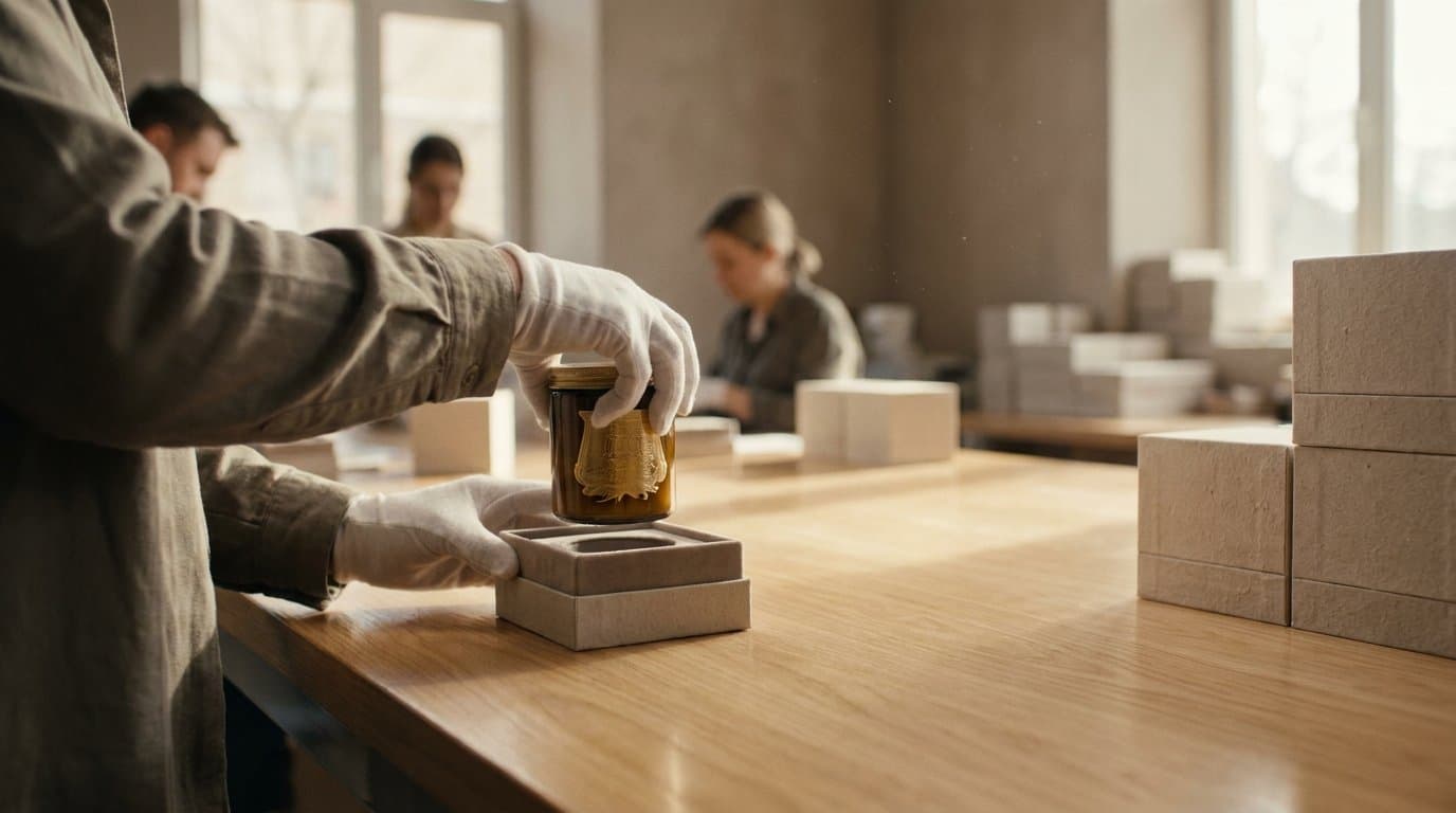 The studio table, a pouch and a jar among sample boxes