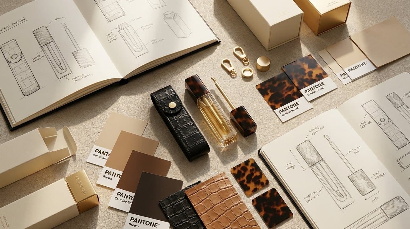 Swatches, dielines and samples laid out