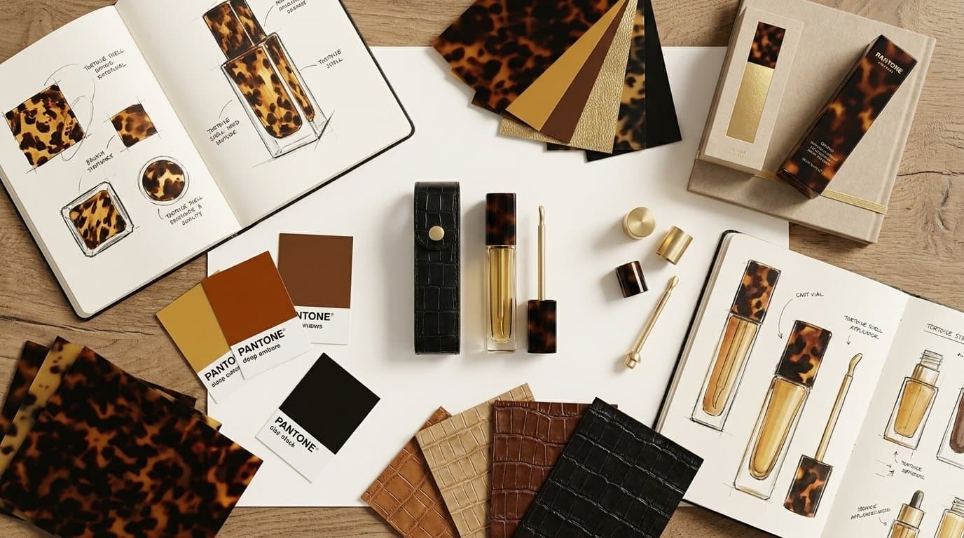 A board of swatches, samples and the serum