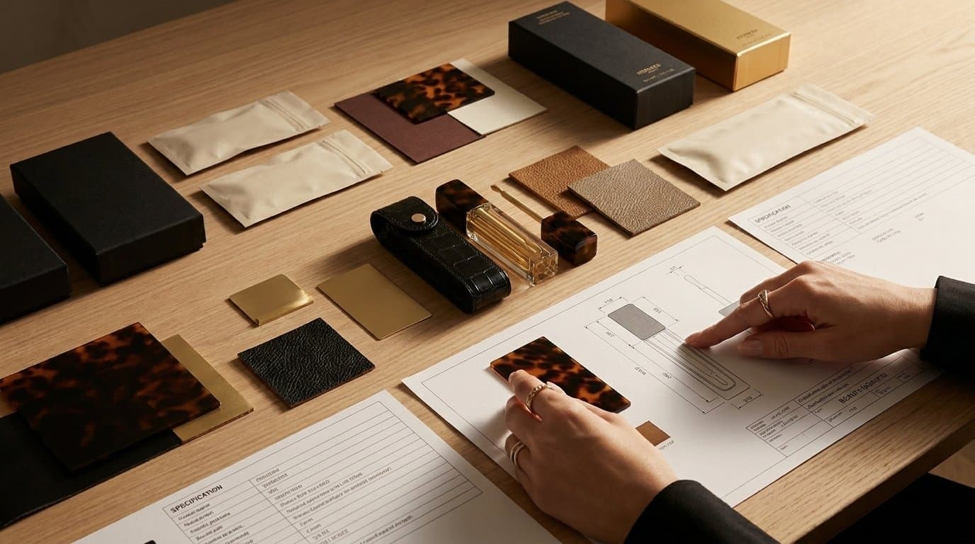 A hand over swatches and packaging samples