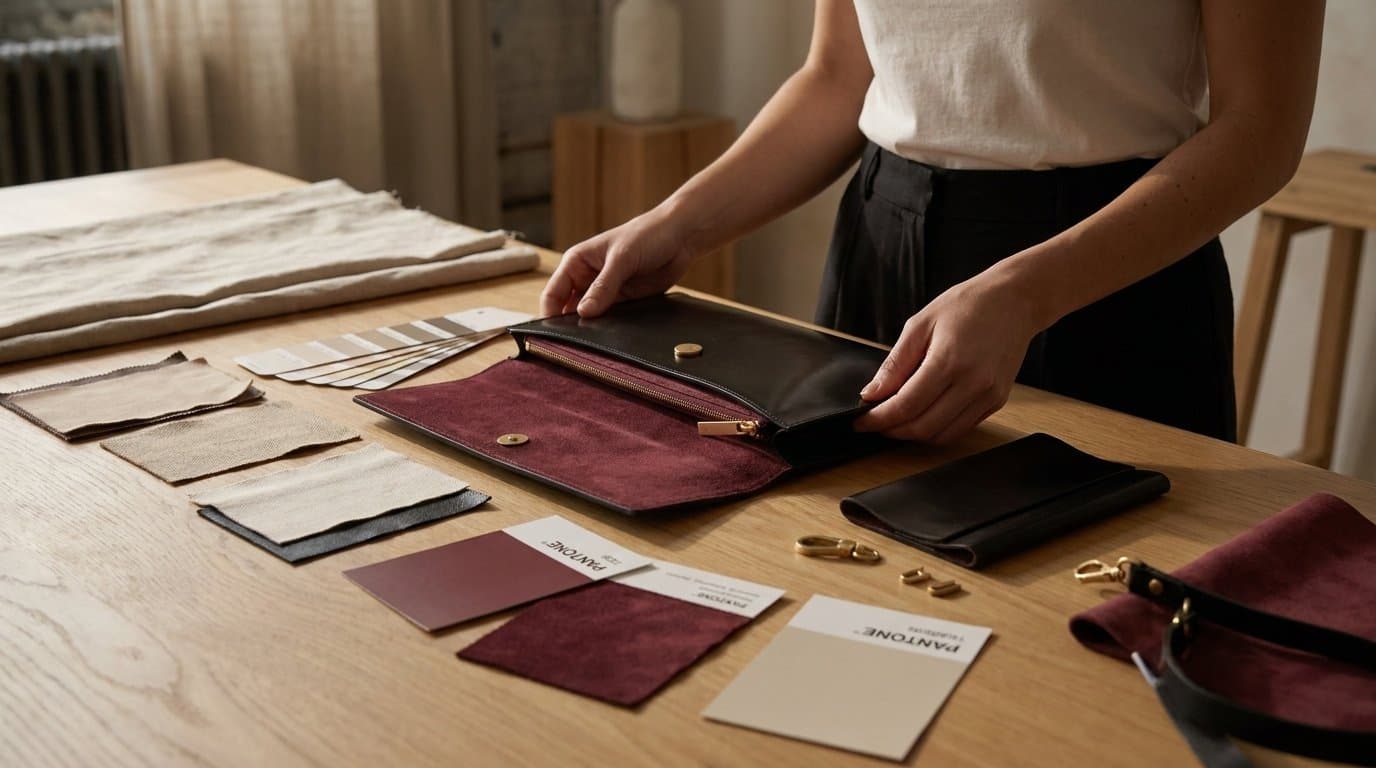 Hands sorting swatches, cards and the pouch on a table
