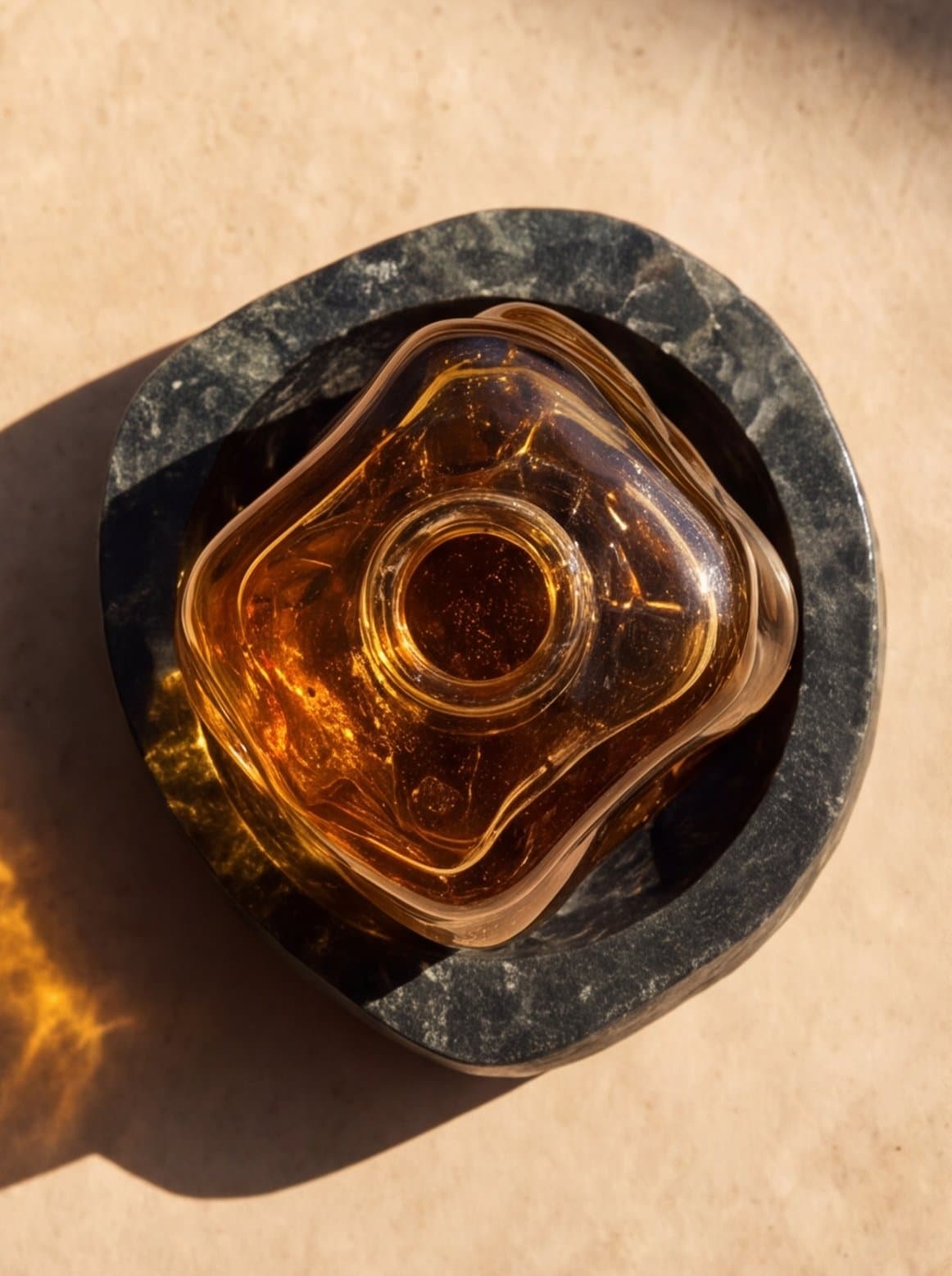 The bottle in its mortar from above