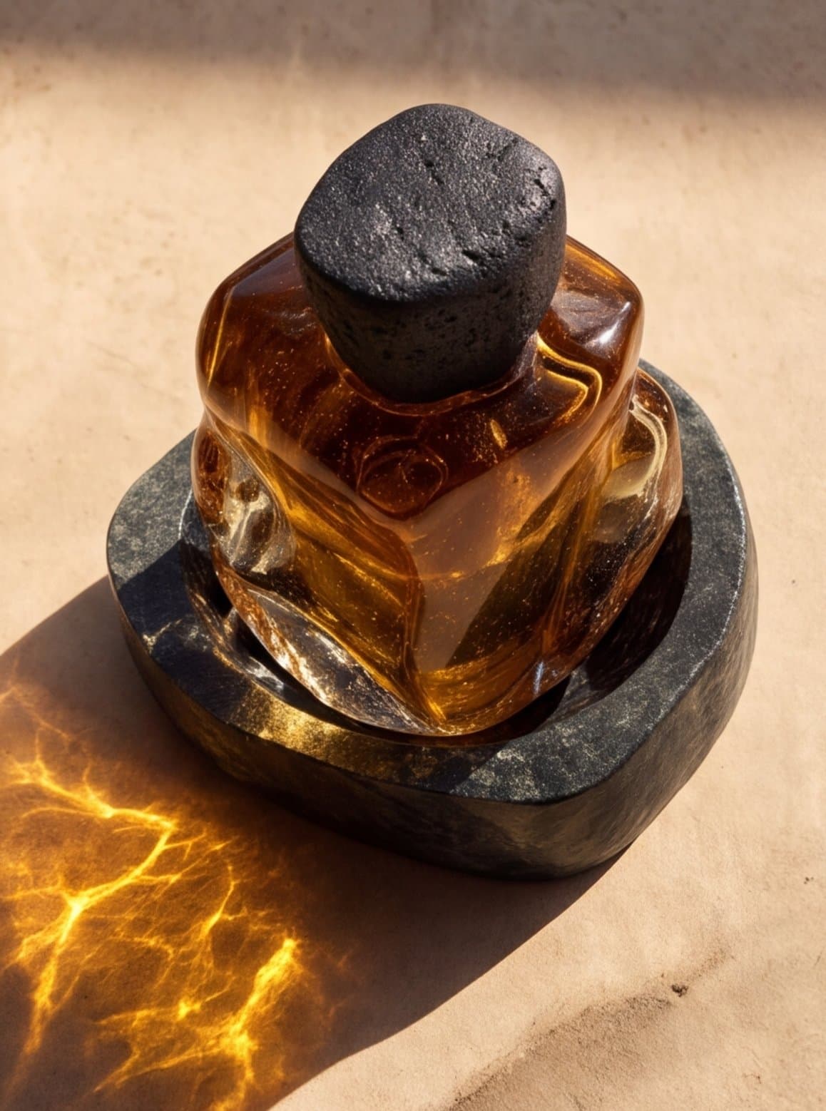 The bottle in its mortar, the light through the glass