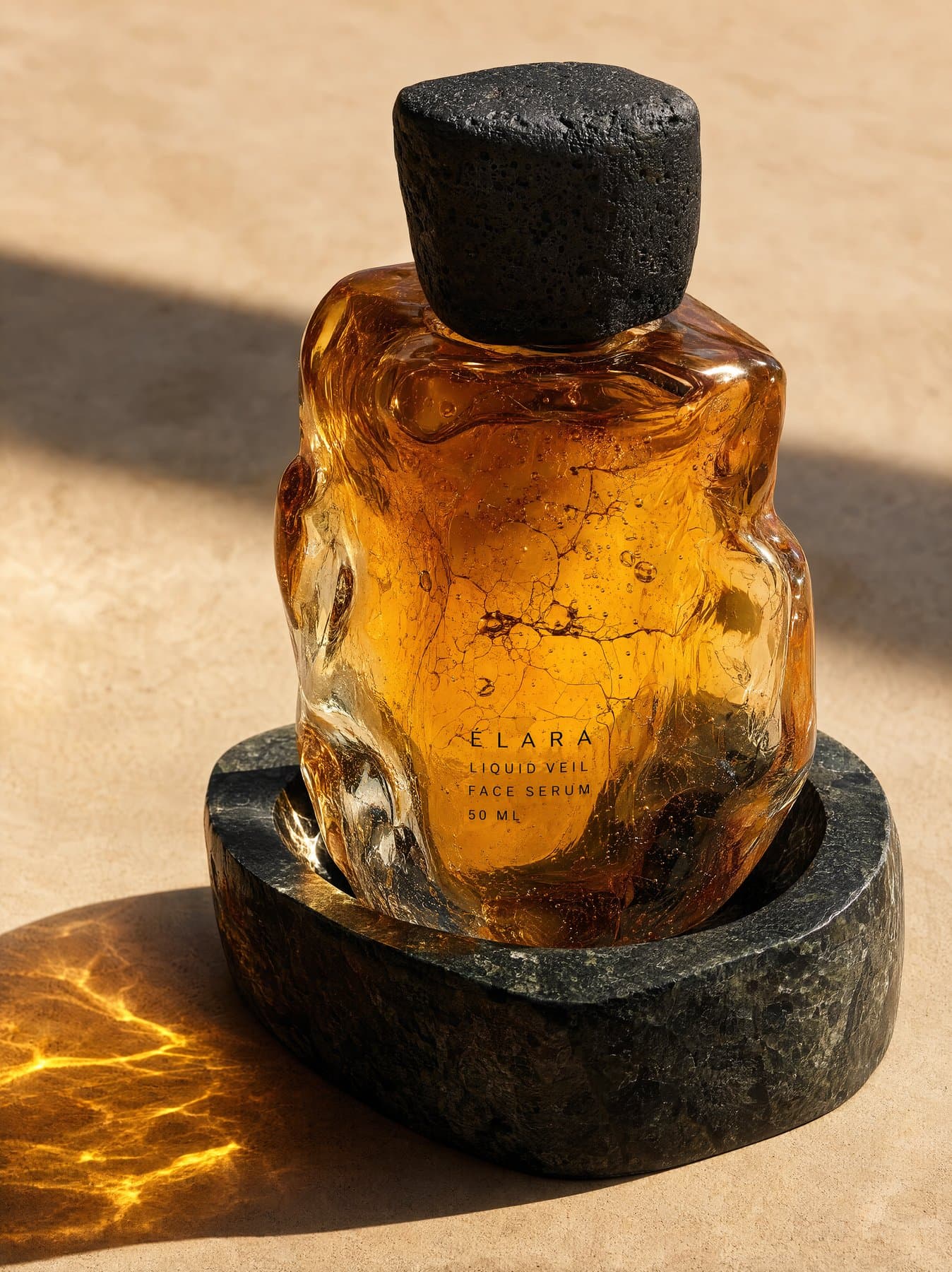 The bottle in a black stone mortar