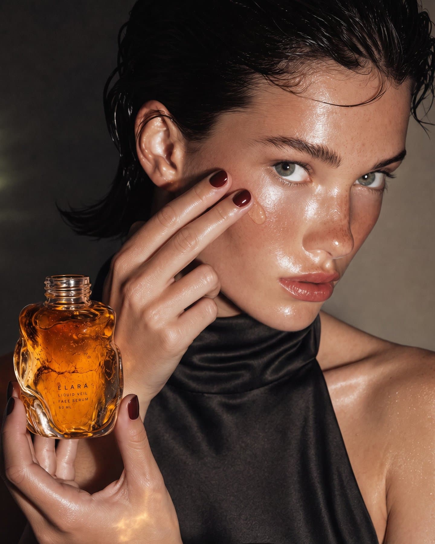 A model presses the serum to her cheek, the amber bottle in hand