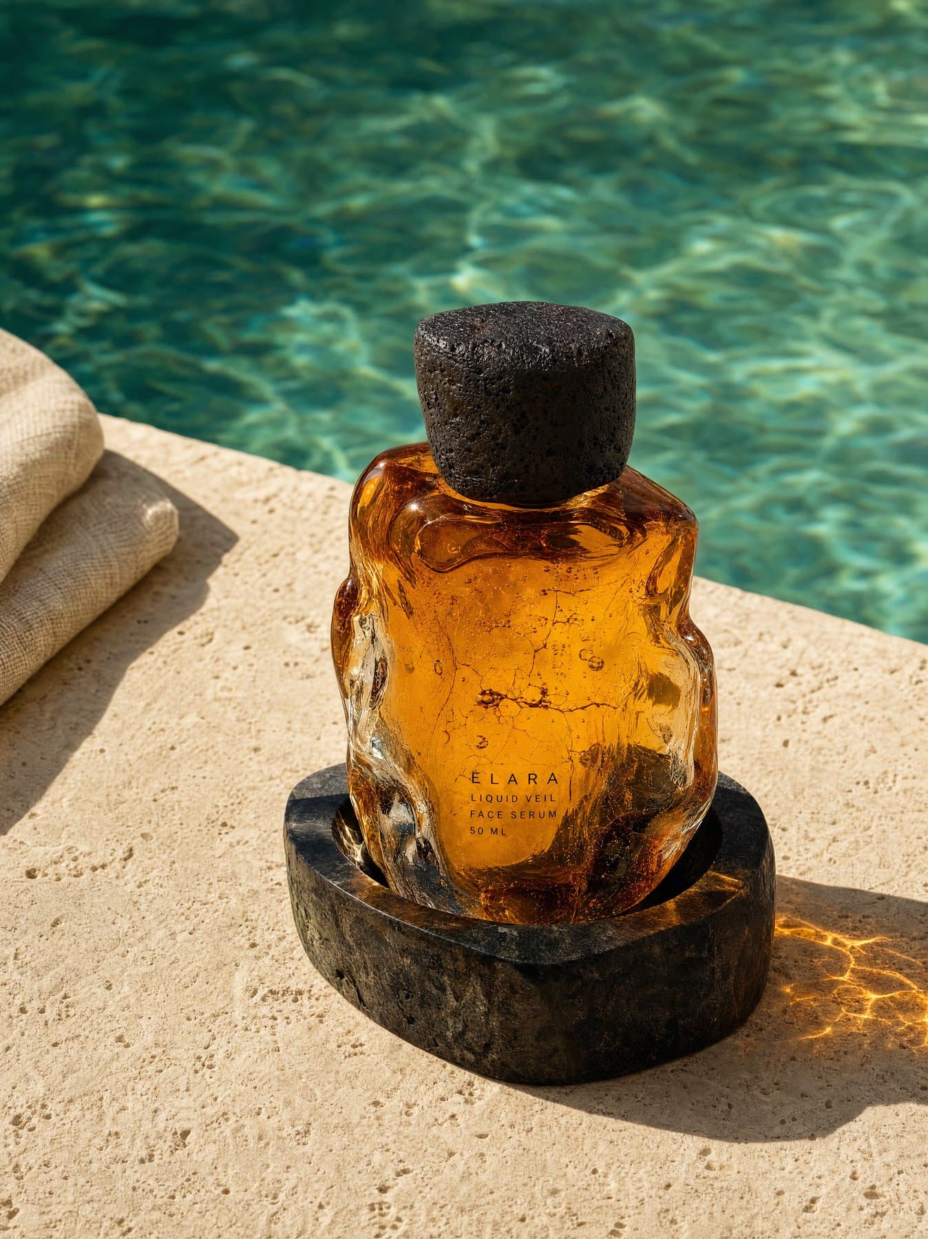 The bottle by the pool, upright