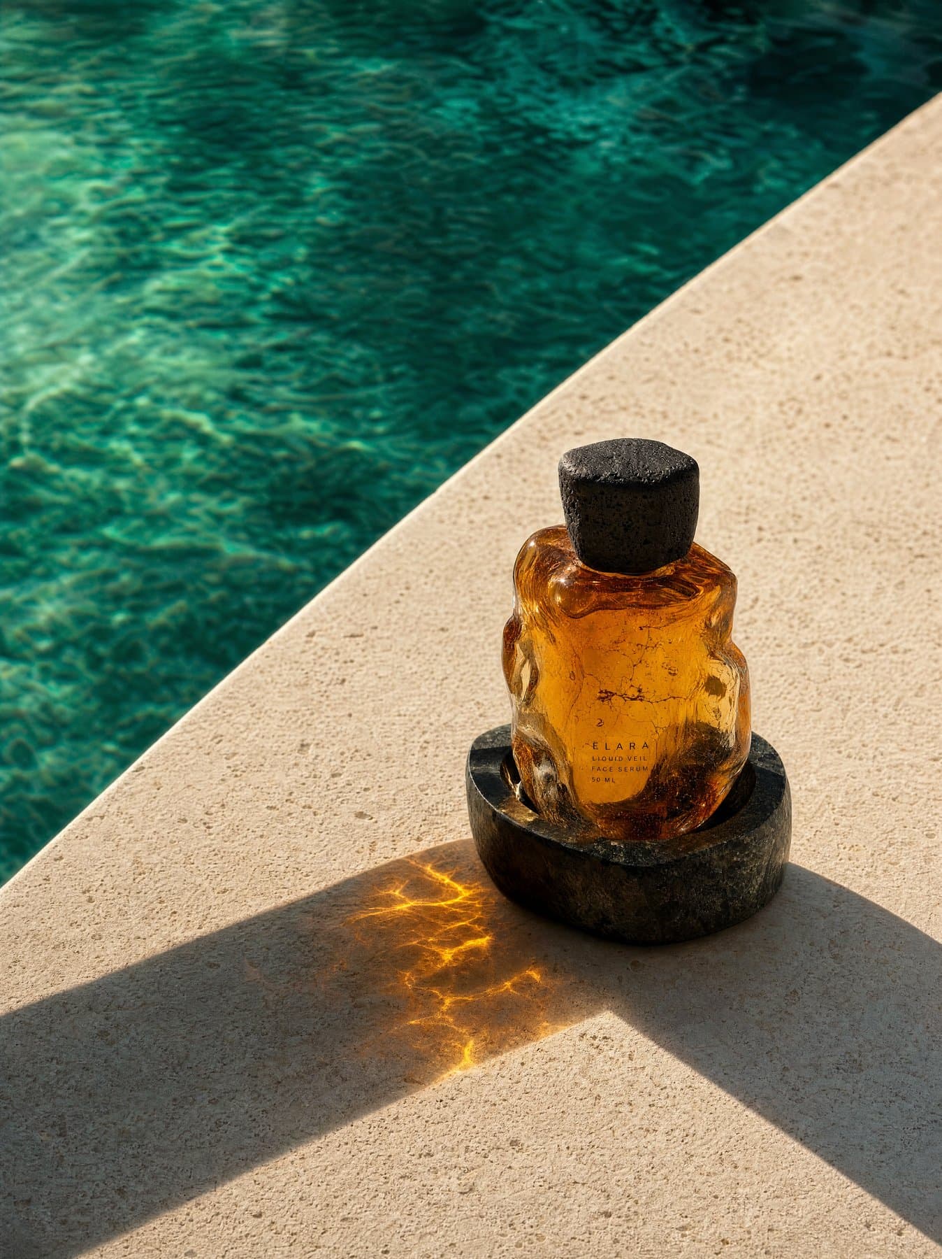 The bottle at the pool's edge, its shadow on the stone
