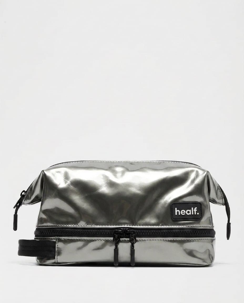 The silver wash bag from the front