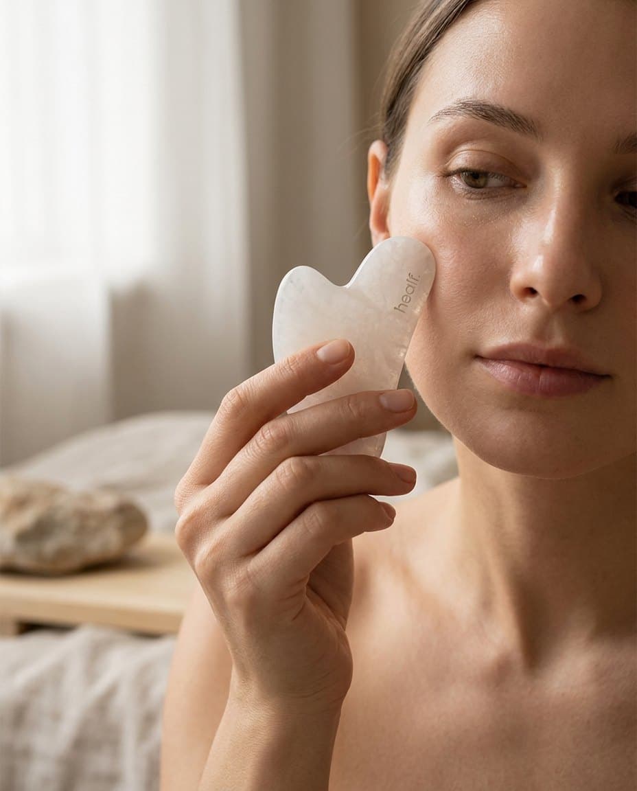 A woman drawing the white gua sha along her cheek