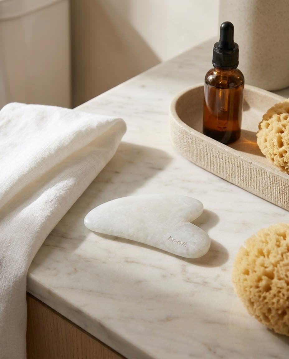 The white gua sha on marble beside a towel and sponge