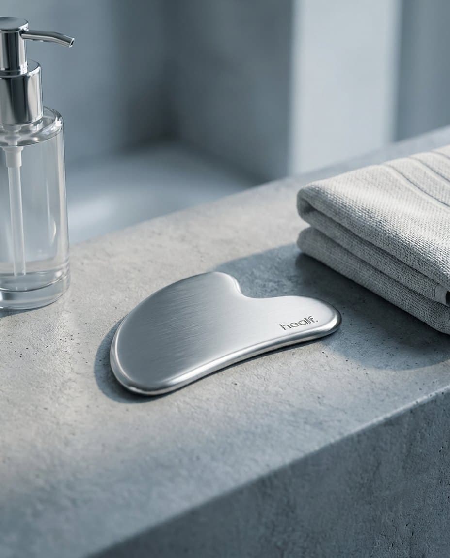 The steel gua sha on a stone basin's edge