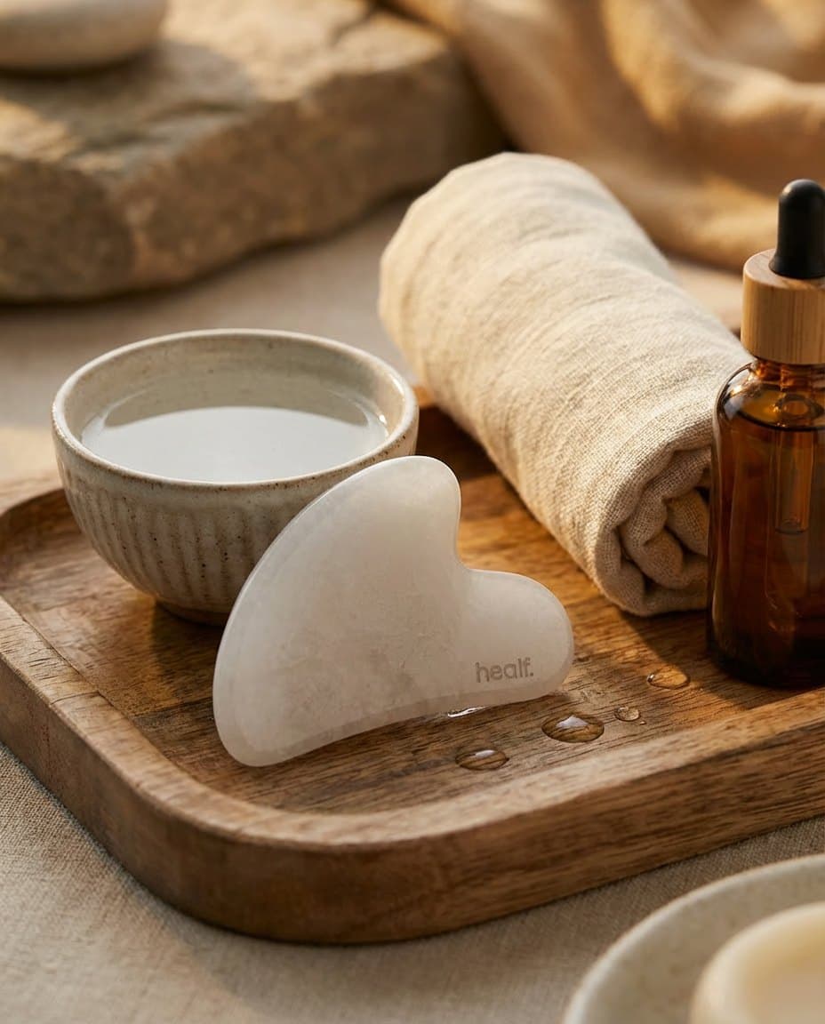 The white gua sha on a wooden tray with a bowl and a dropper